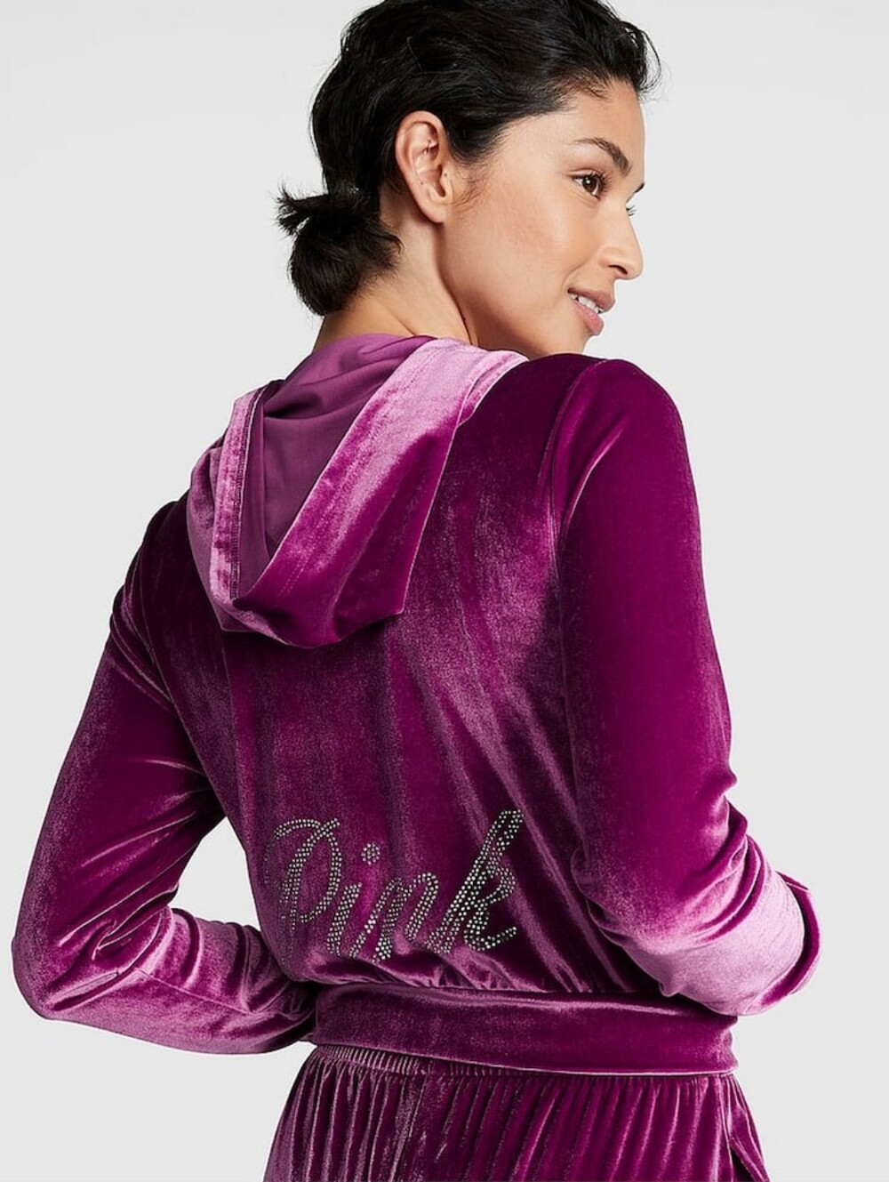 {VS PINK} Set: Vivid Magenta Pink Velour Logo Shine Hoodie & Pants - M/XL